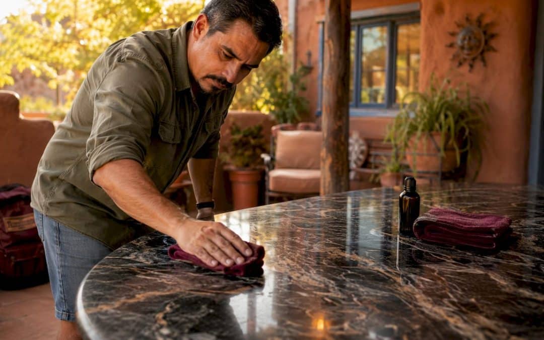 Man applying granite sealer on countertop