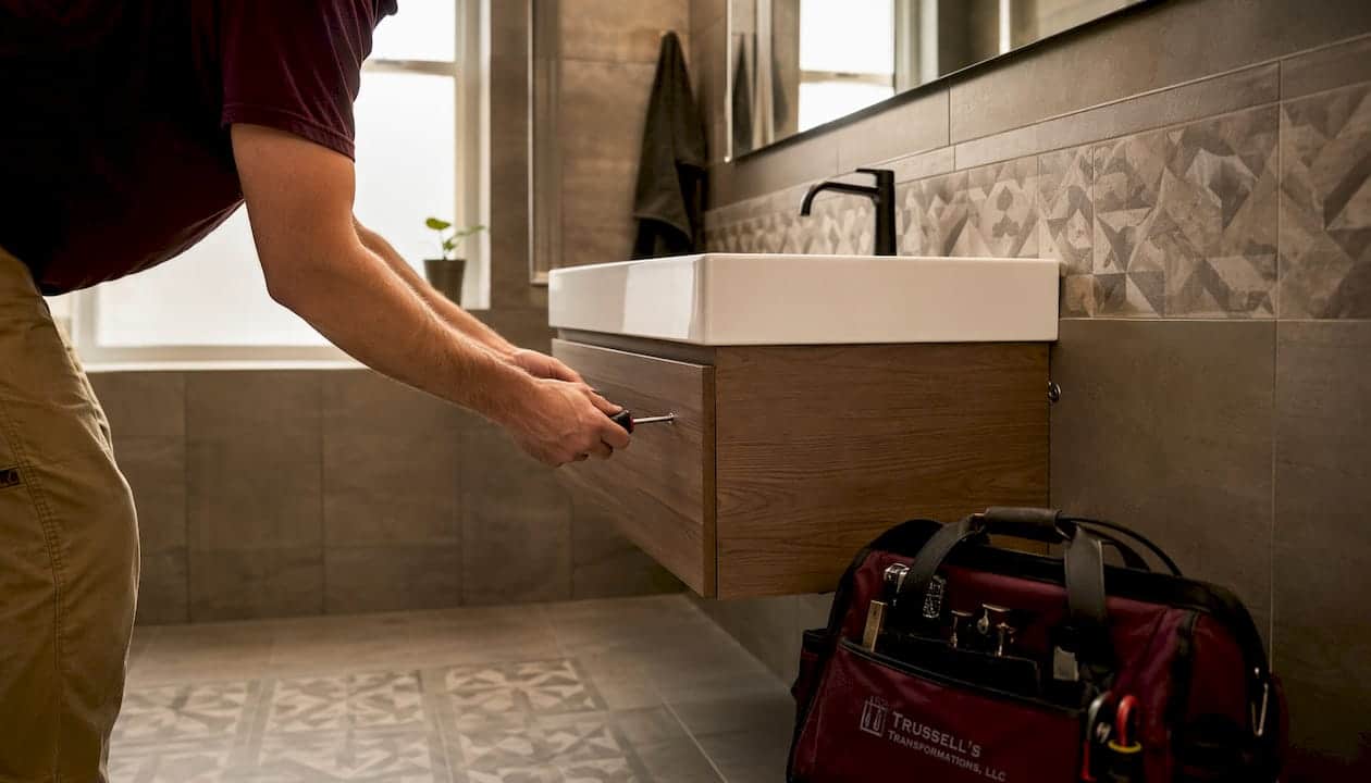 Hands Installing Floating Bathroom Vanity Sink