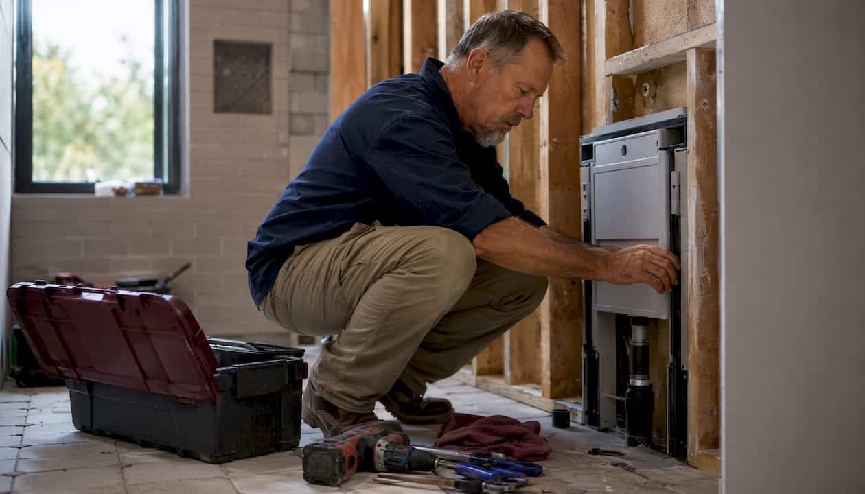 Plumber Installing Concealed Toilet Tank Behind Wall