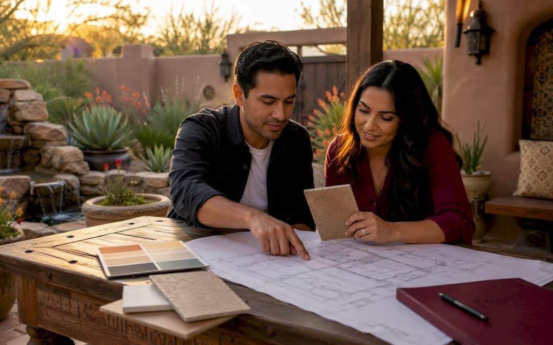 Couple reviewing small bathroom design plans