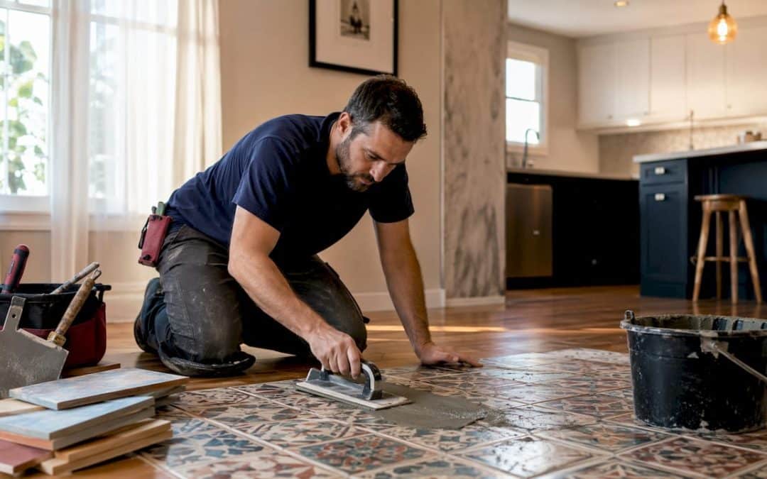 Tiler applying epoxy grout on tile floor