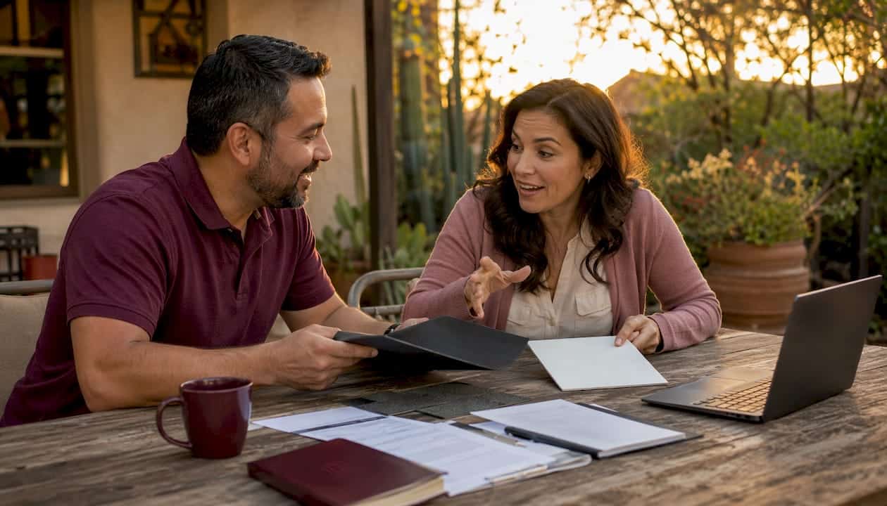 Couple Comparing Tpo And Epdm Roofing Samples At Kitchen Table