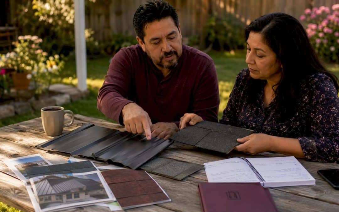 Couple reviewing metal and shingle roofing options