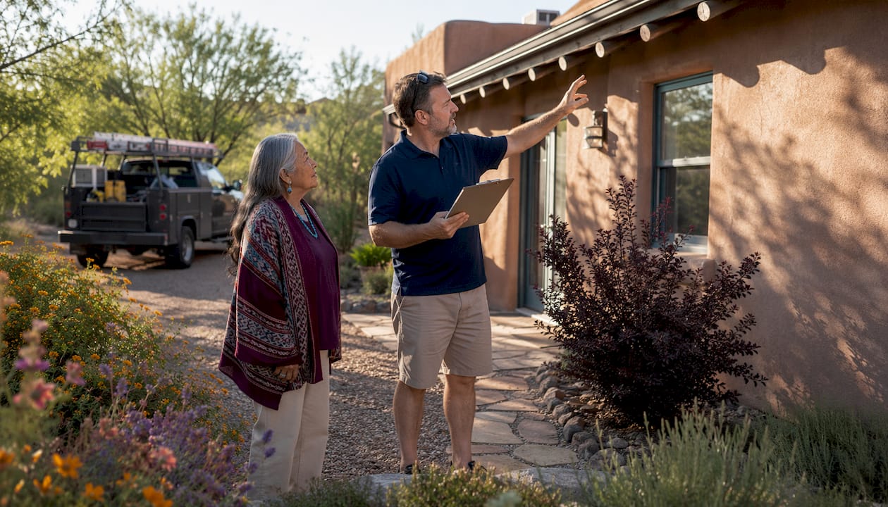 Homeowner Discussing Roof With Contractor Outdoors