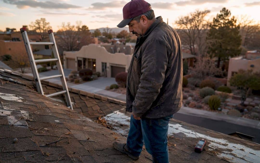 Man inspecting standing water on flat roof