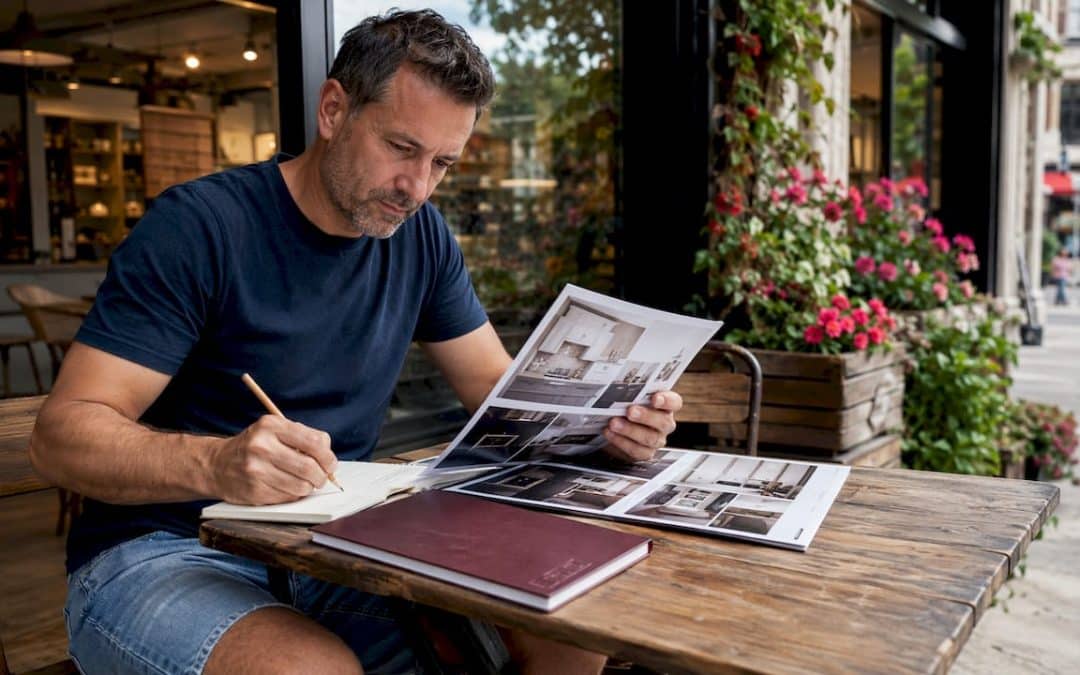 Homeowner reviewing cabinet options at showroom desk