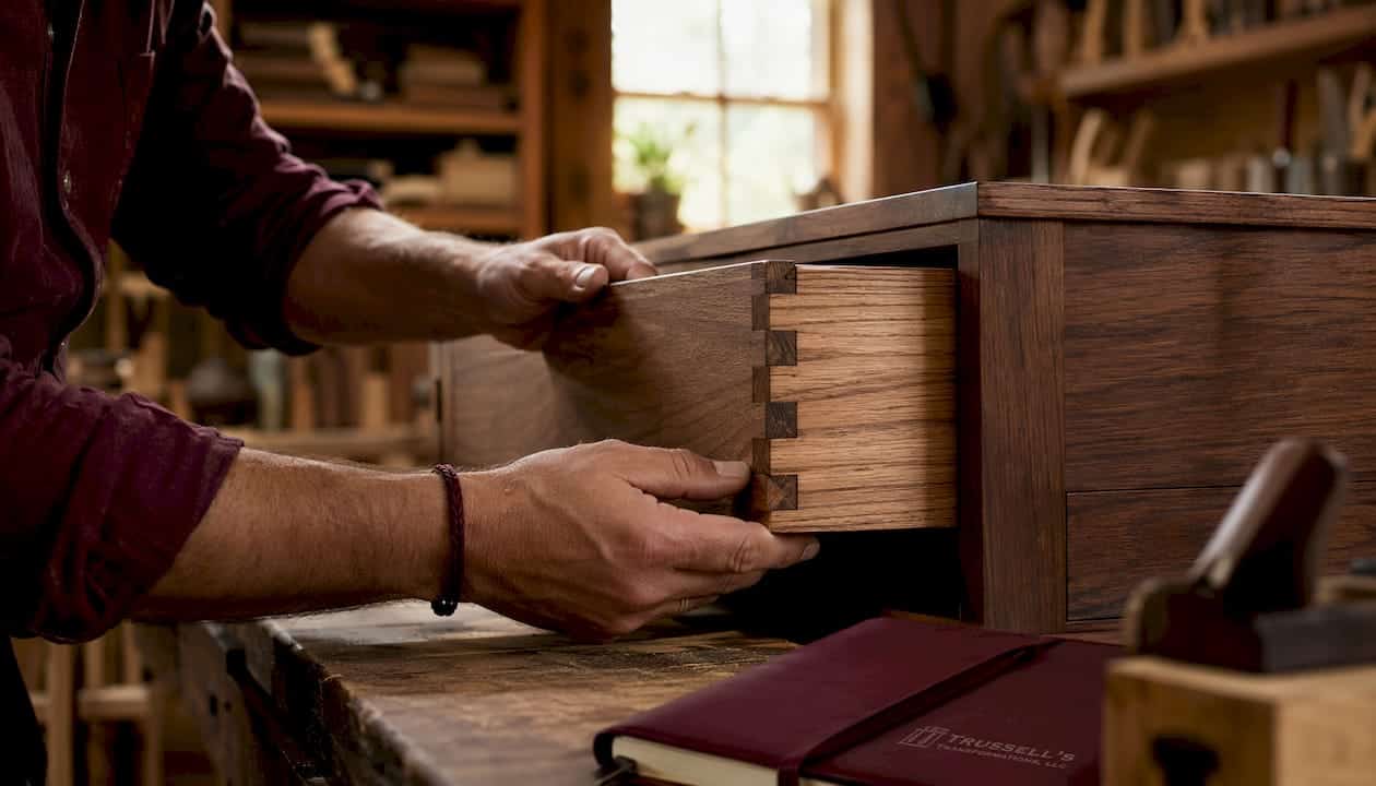 Close-Up Of Hands Checking Dovetail Drawer Joinery Craftsmanship