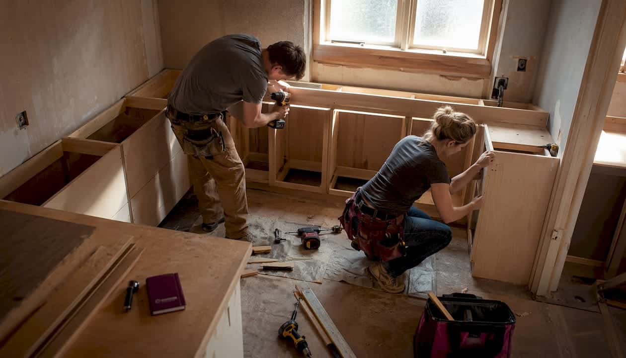 Installers Fitting Semi-Custom Kitchen Cabinets In Progress
