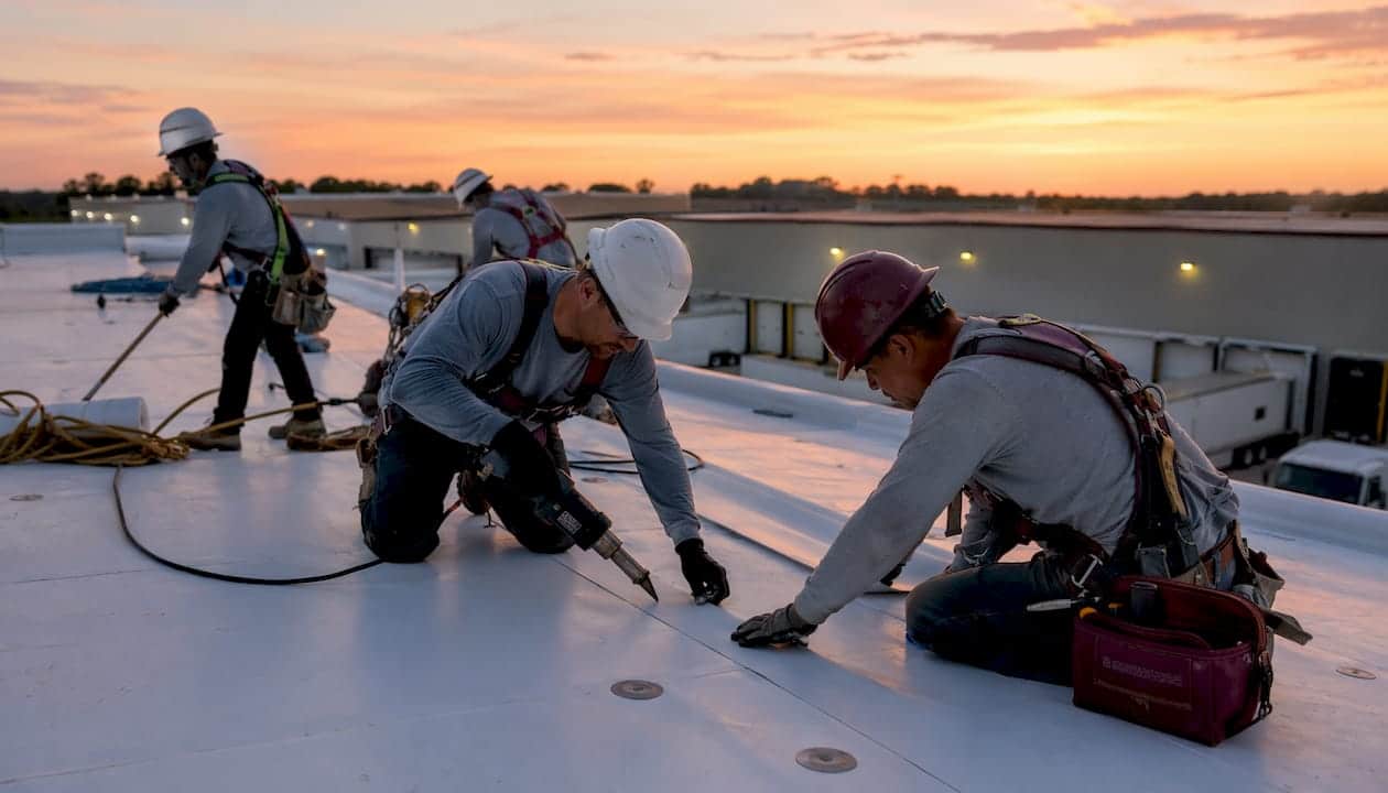 Workers Installing Tpo Roofing On Warehouse Roof