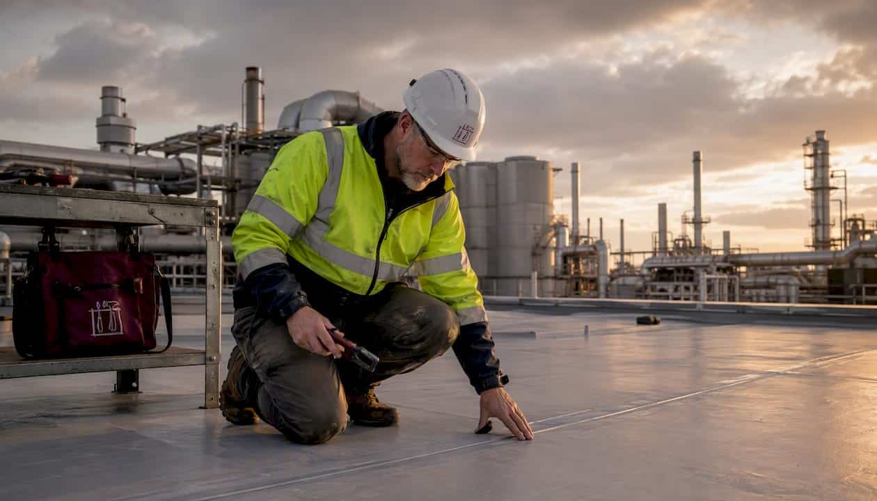 Specialist Inspecting Pvc Roofing Seam At Chemical Plant