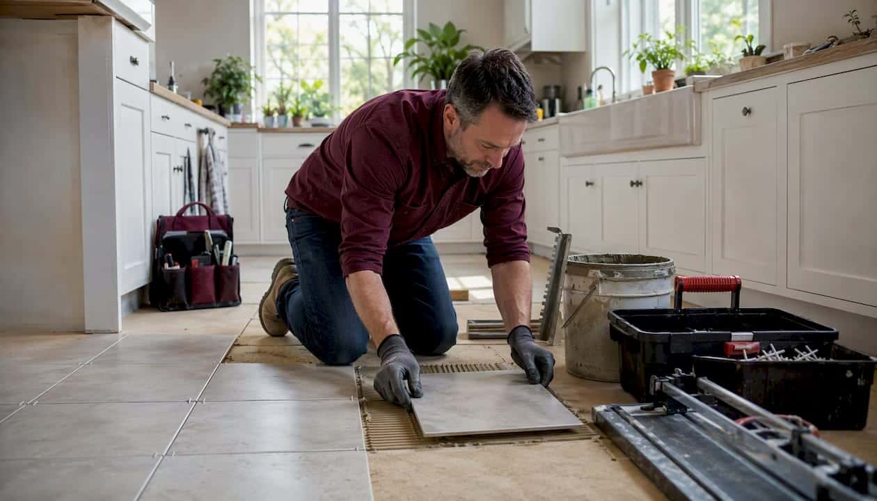 Diy Homeowner Installing Ceramic Floor Tiles