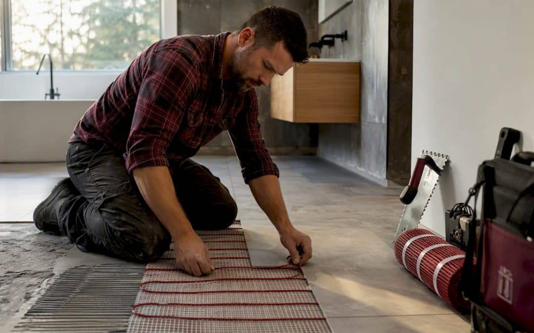 Tradesman installing radiant heating mat under tile floor