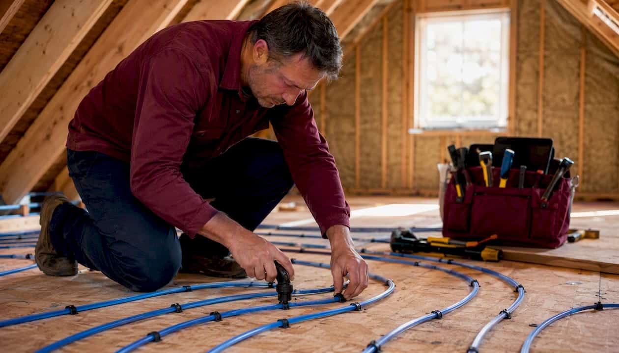 Installer Laying Hydronic Tubing On Basement Subfloor