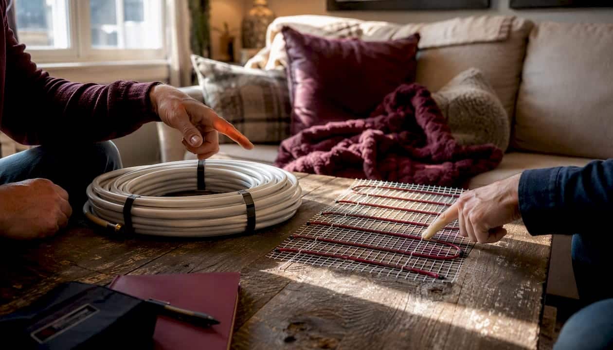 Hands Comparing Electric And Hydronic Heating Samples