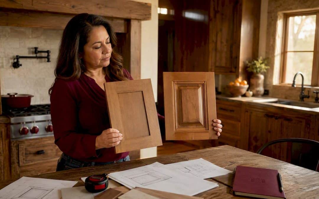 Woman comparing shaker and raised panel cabinet doors