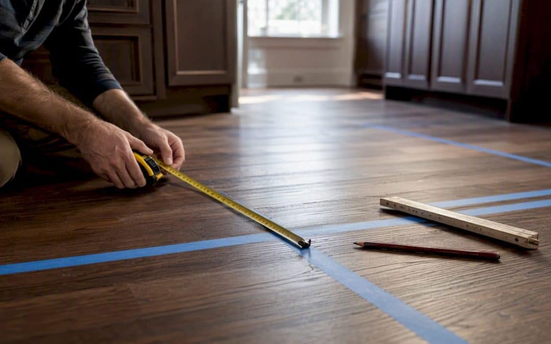 Marking kitchen island footprint with tape measure