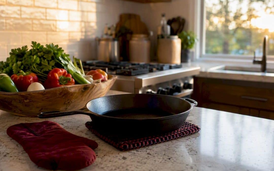 Quartz countertop with hot pan and trivet