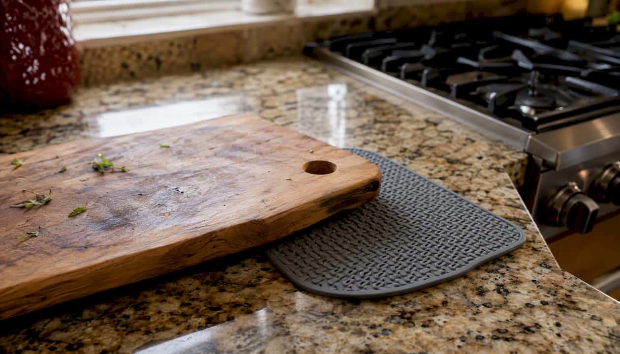 Silicone Trivet And Wooden Board On Kitchen Counter