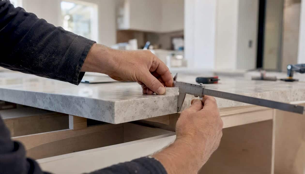 Installer Measuring Countertop Slab Thickness