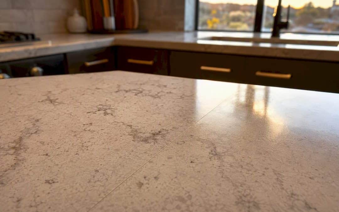Close-up of well-finished quartz countertop seam