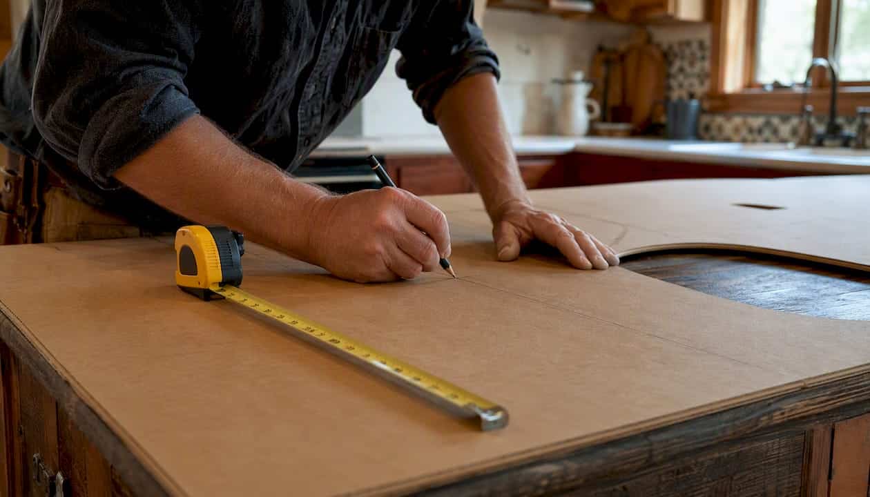 Hands Marking Seam Placement On Countertop Template