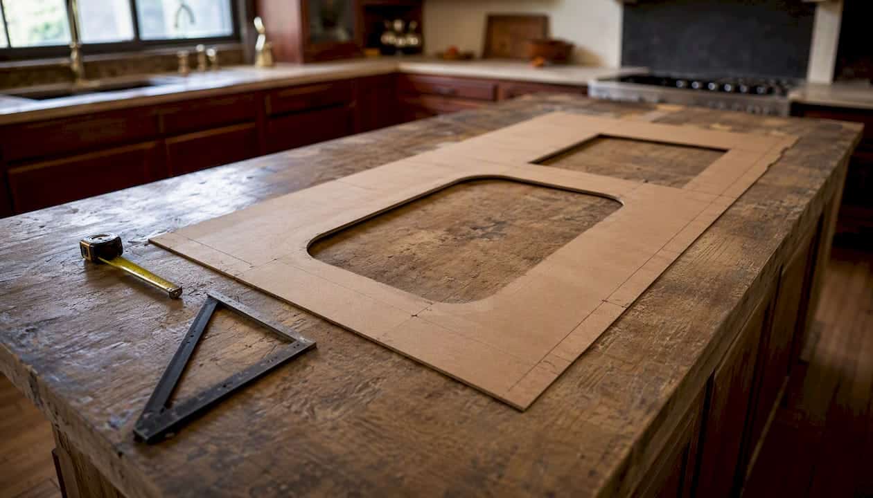 Cardboard Countertop Template With Marks And Tools