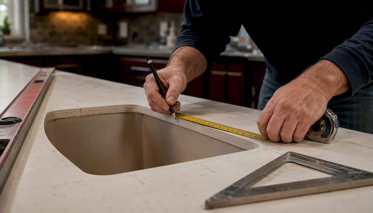 Hands Measuring Sink Cutout Dimensions On Template