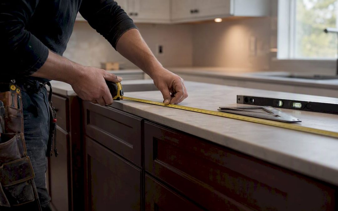 Hand measuring kitchen countertop with tape measure