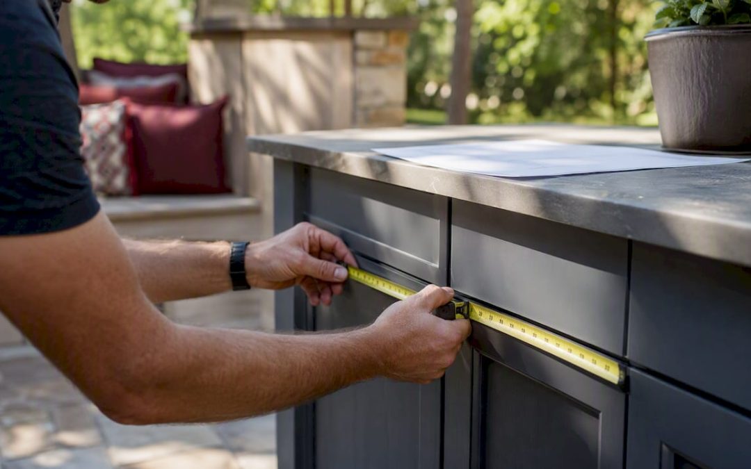 Hands measuring cabinets near blank warranty document