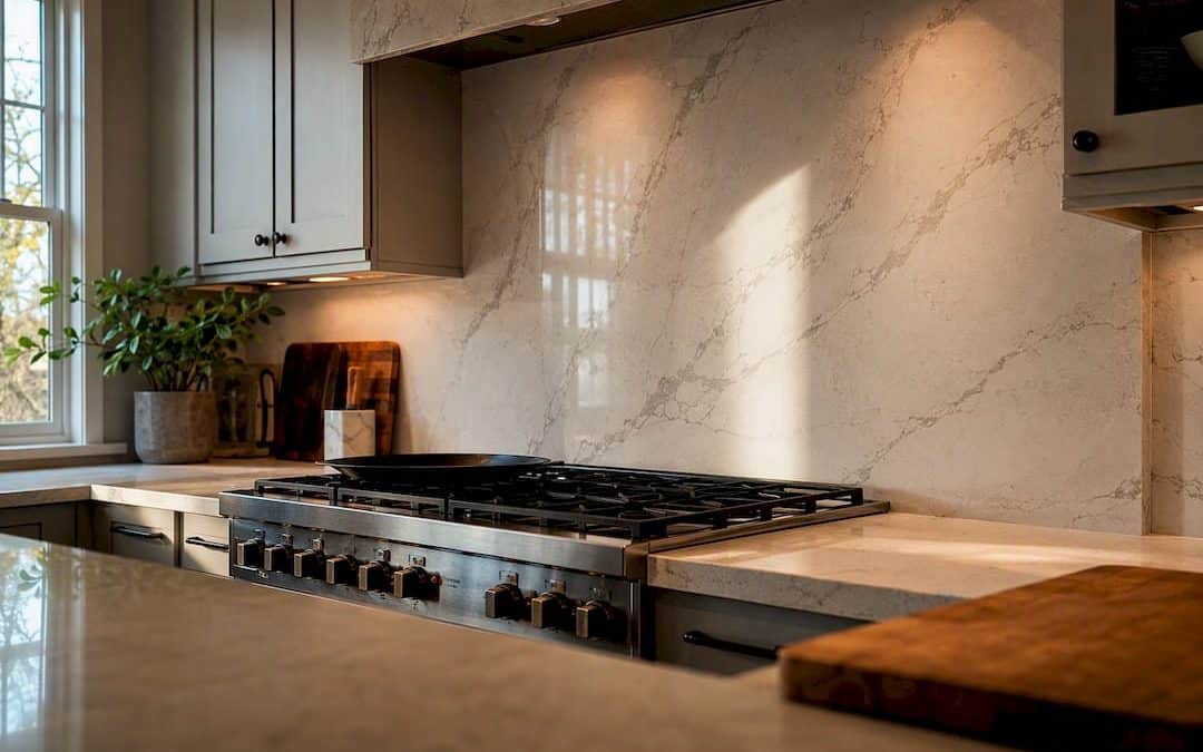 Full-height quartz backsplash in kitchen