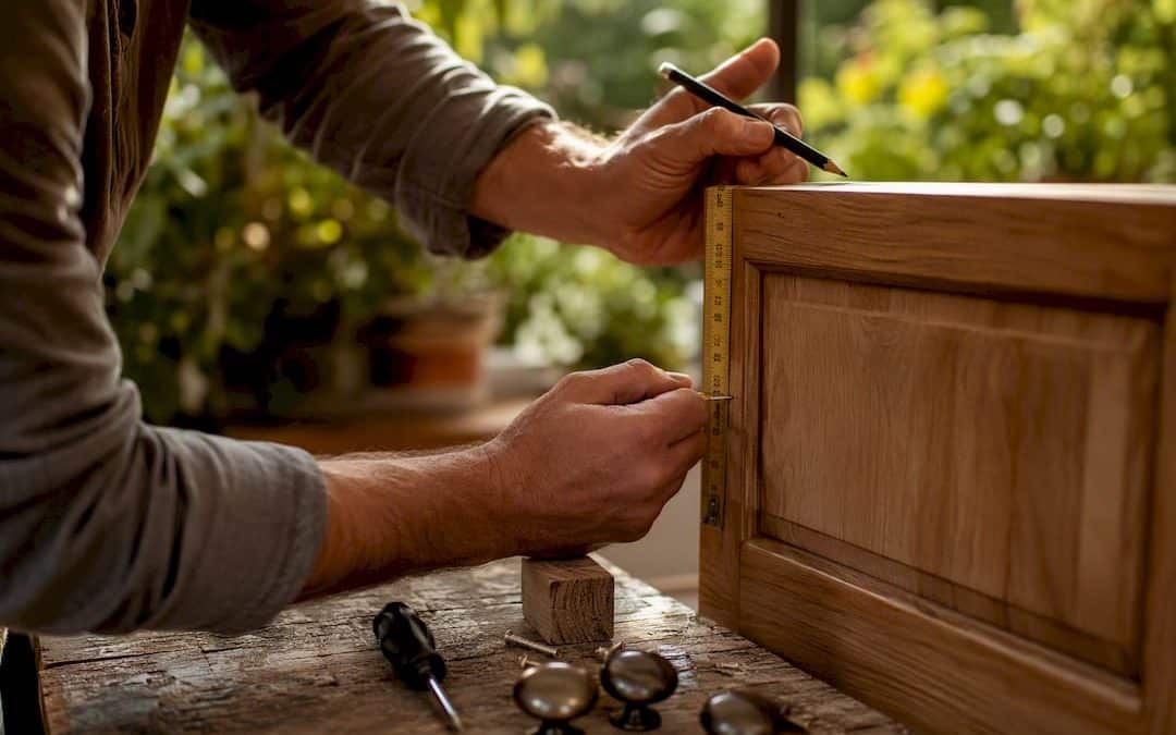 Hands measuring cabinet door for knob placement