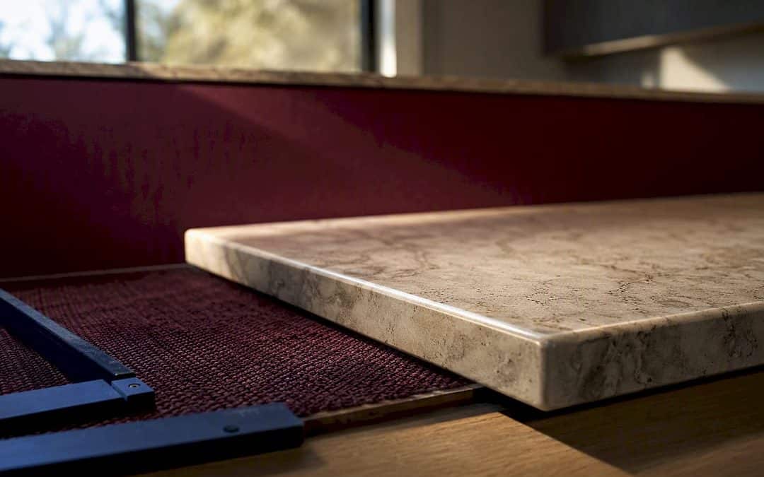 Stone countertop slab edge in fabrication studio