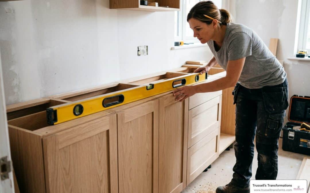 level placed across newly positioned base cabinets