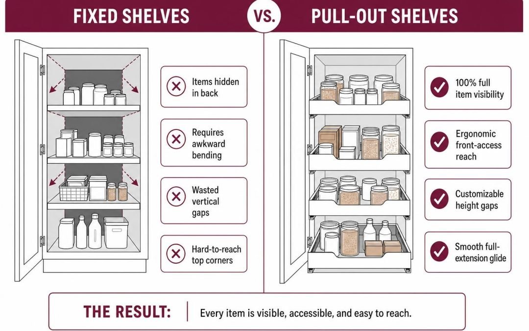 Comparison of accessible pull-out shelves vs hard-to-reach dark fixed pantry cabinets