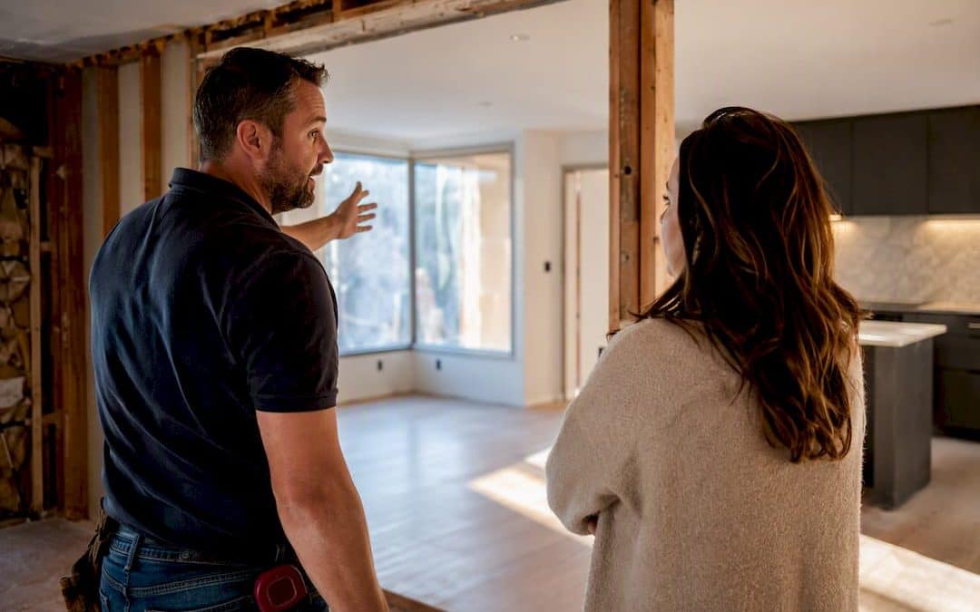 Homeowner consulting remodeling contractor at job site