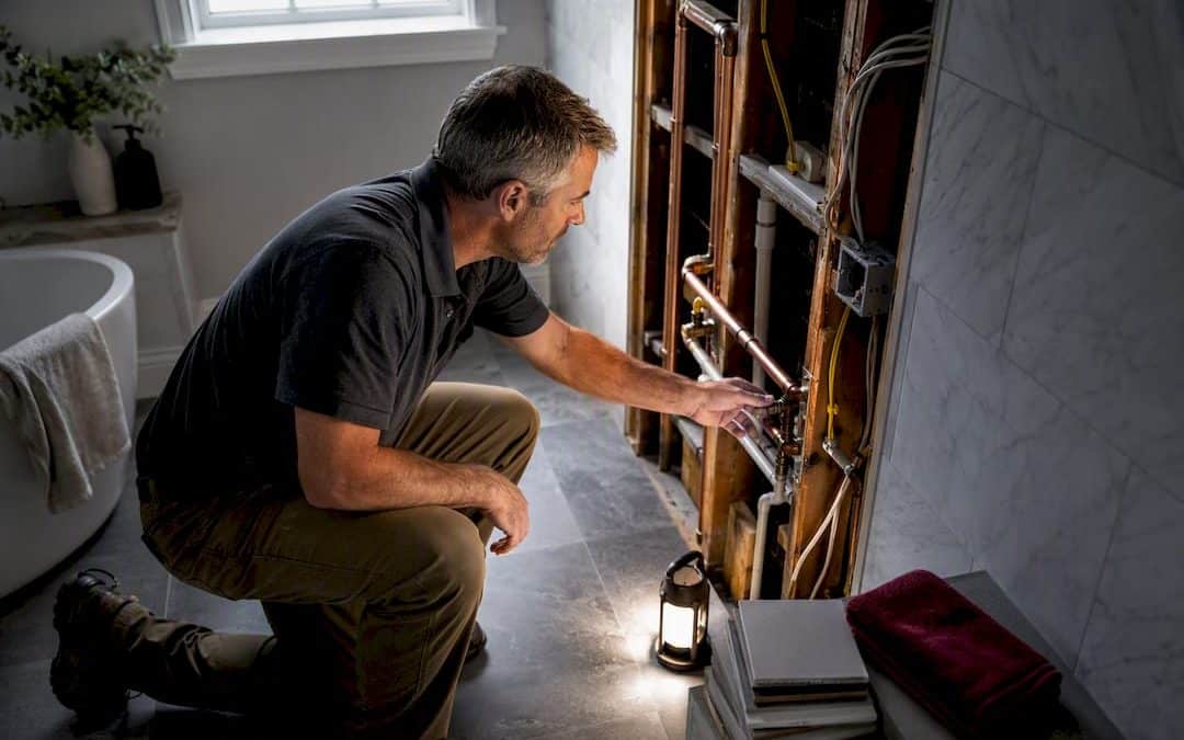 Remodeler inspecting exposed bathroom utilities