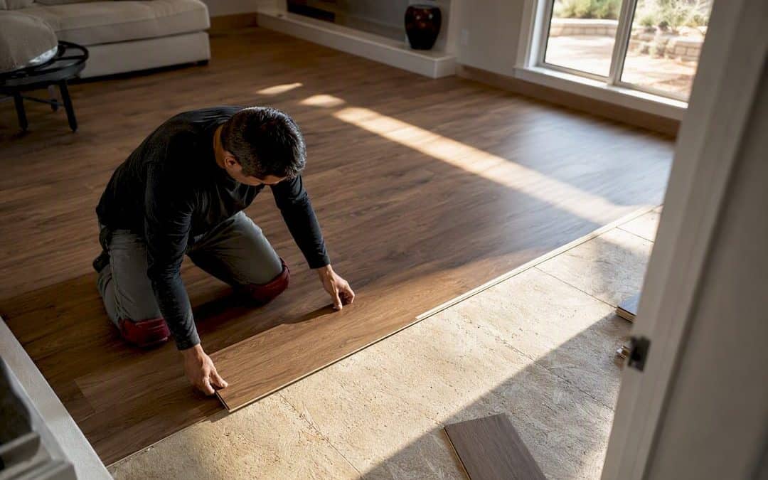 Installer positioning flooring over subfloor