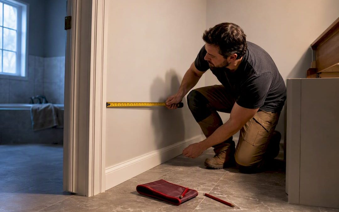 Homeowner measuring bathroom vanity wall width