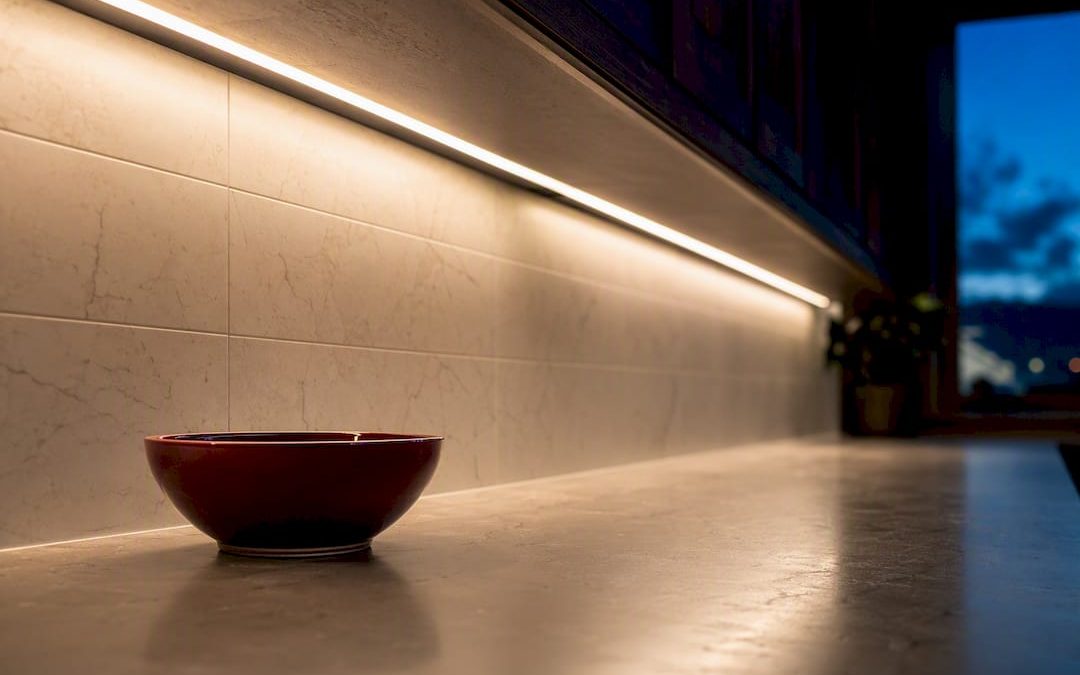 Warm LED lighting beneath kitchen cabinets