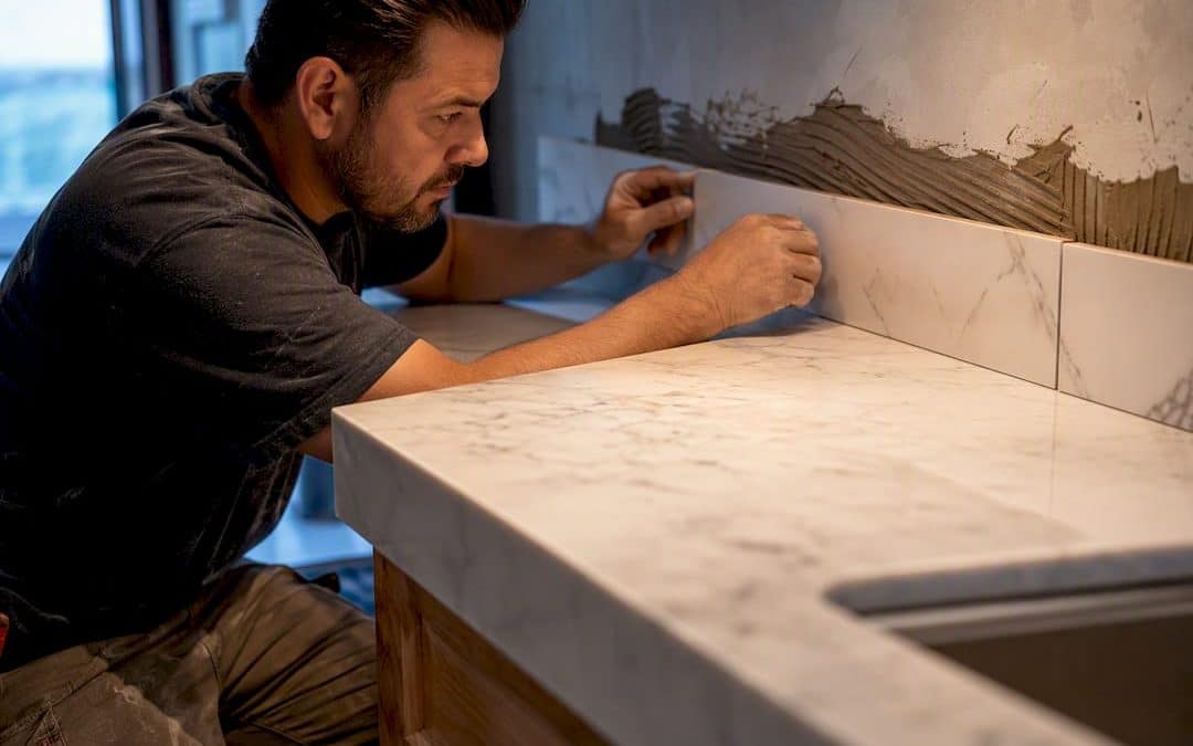 Tile setter aligning backsplash above countertop