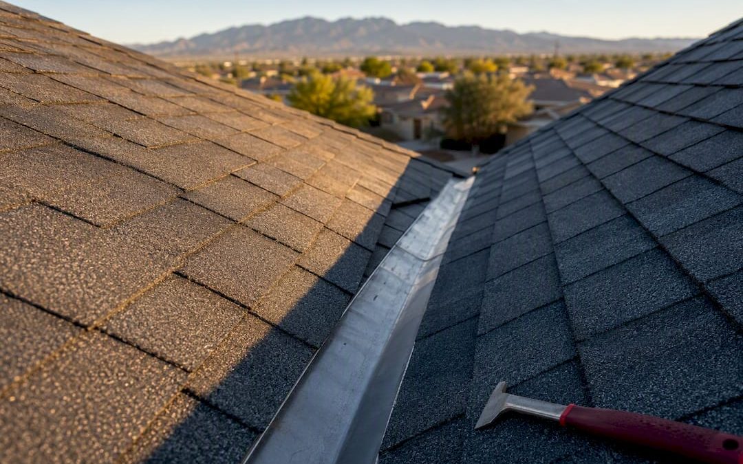 Residential roof valley with exposed flashing