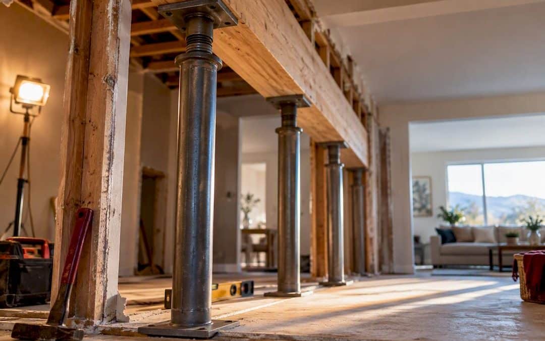 Temporary shoring supporting beam during wall removal