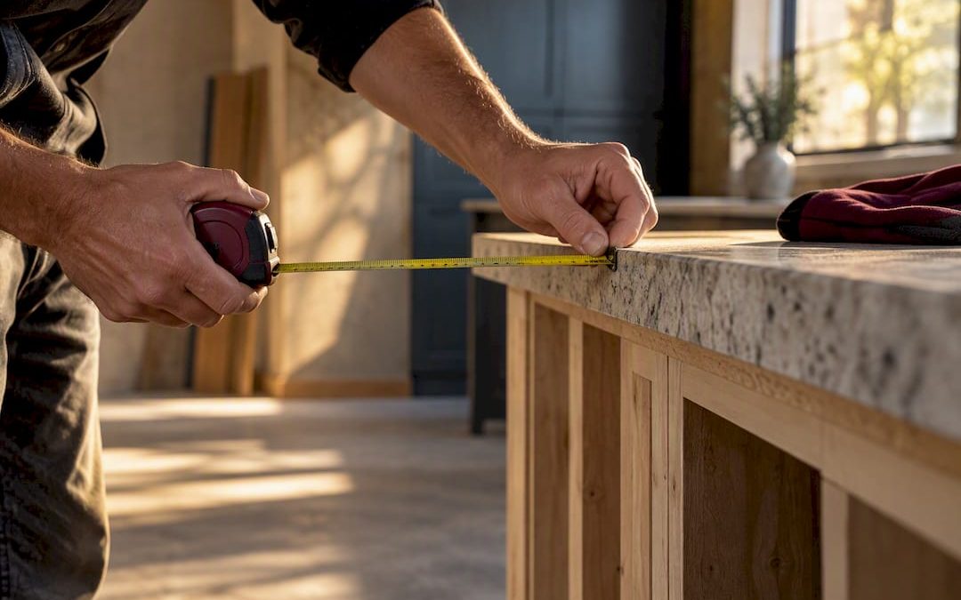 Hands measuring kitchen countertop overhang