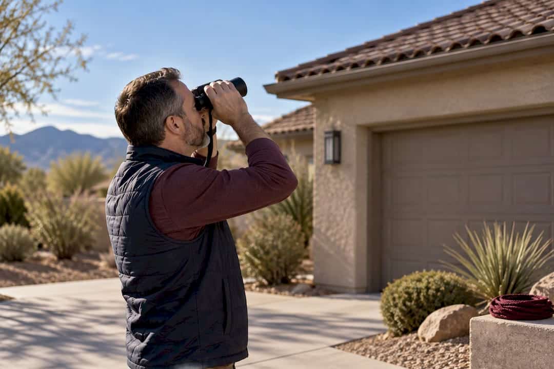 Homeowner Inspecting Roof With Binoculars