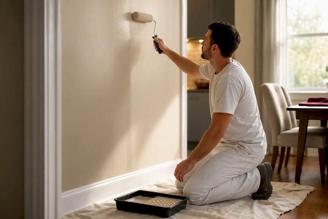 Painter Coating Wall Beside Remodeled Kitchen