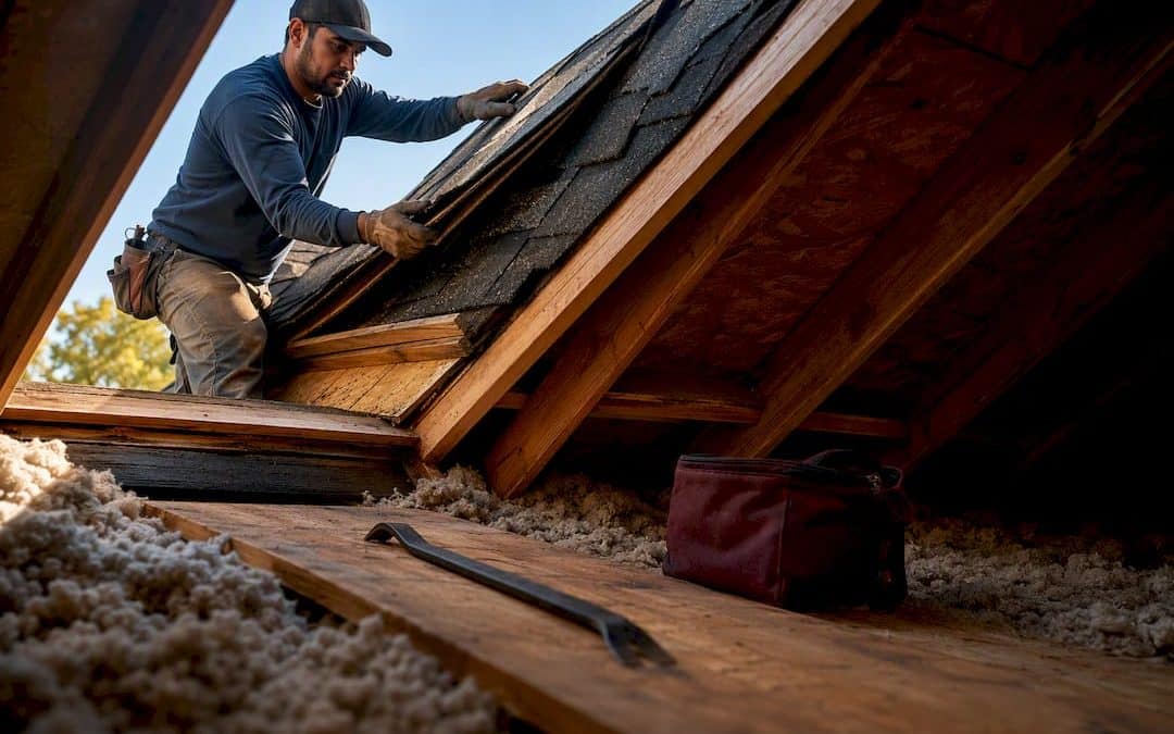 Roofer exposing deck during roof replacement