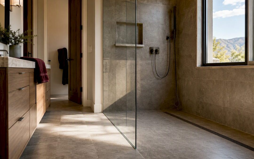 Finished curbless shower with linear drain