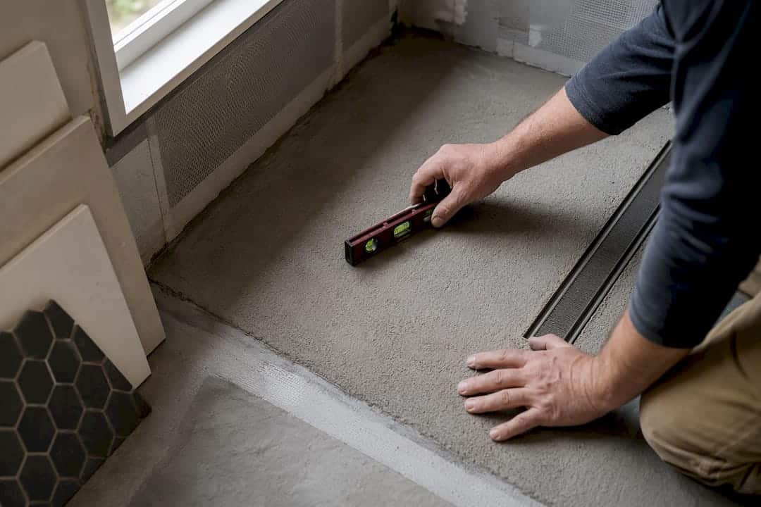 Installer Checking Curbless Shower Floor Slope