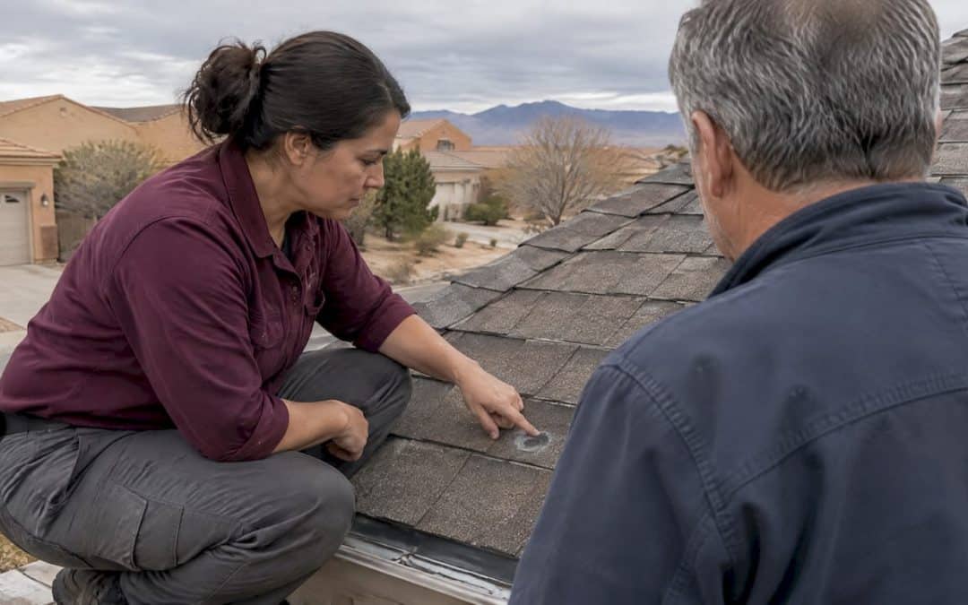 Contractor and homeowner examining hail-damaged shingle