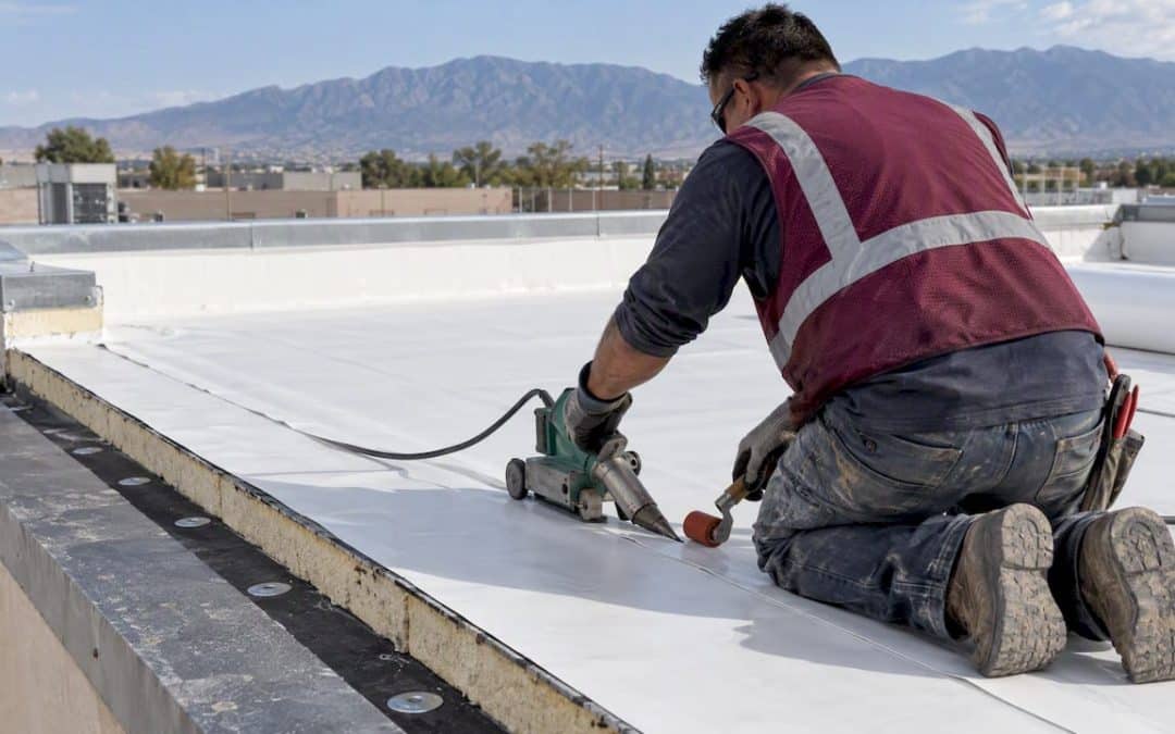 Installer heat-welding a TPO roof seam